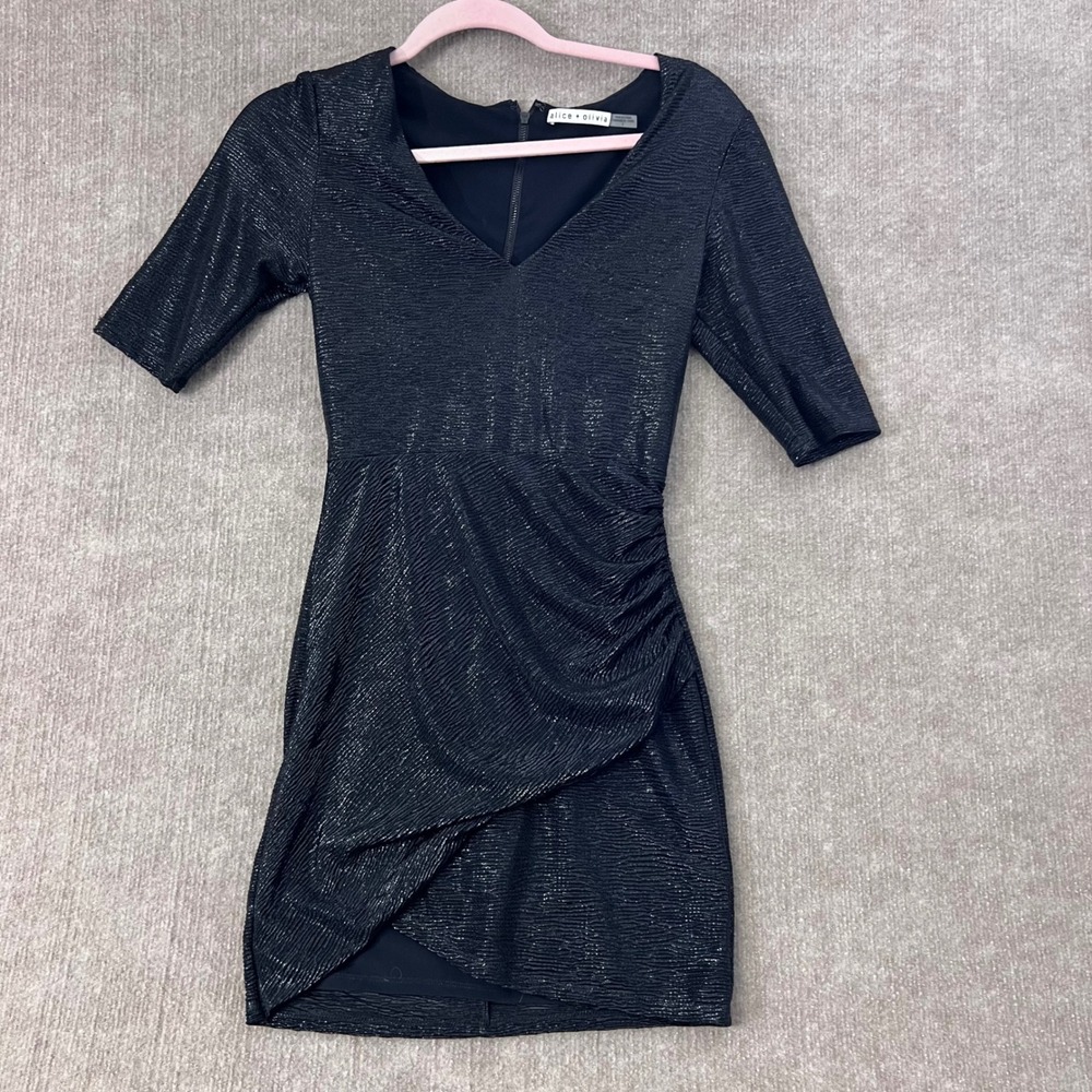 Alice + Olivia Black Metallic Dress Ruched Tulip Mini Dress Size 4